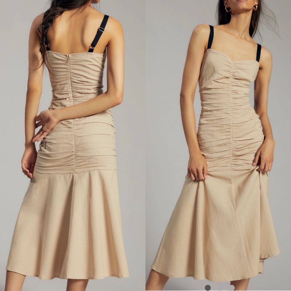 Anthropologie- Atsu linen ruched drop waist hem midi dress- beige & black straps - Picture 1 of 10